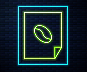 Glowing neon line Coffee poster icon isolated on brick wall background. Vector Illustration.