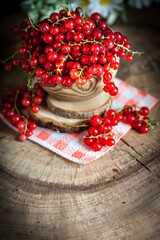 Fresh red currants in plate on dark rustic wooden table. Background with copy space. Selective focus.