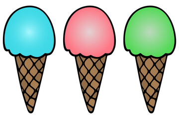 Ice cream. Set of vector illustrations. Sweetness on an isolated white background. Crispy waffle cone. Cartoon style. A collection of delicious refreshing desserts. Summer mood. Popsicle cone. 
