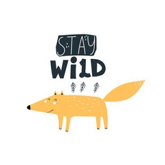 cartoon fox, hand drawing lettering, colorful vector illustration for kids. baby design for print on t-shirt, card, poster
