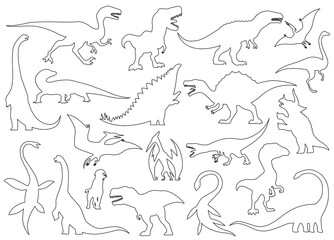 Dinosaur silhouettes set. Coloring dino monsters icons. Prehistoric reptile monsters. Vector illustration isolated on white. Black and white graphics