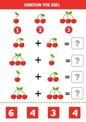 Addition with cute cartoon cherries. Math game.