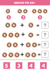Addition with cartoon donuts. Math game for kids.