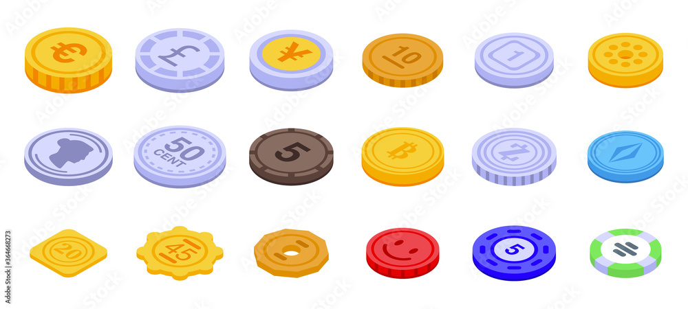 Poster tokens icons set. isometric set of tokens vector icons for web design isolated on white background