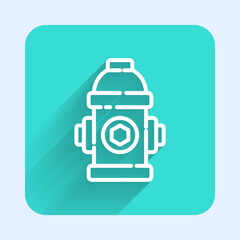 Fototapeta premium White line Fire hydrant icon isolated with long shadow. Green square button. Vector Illustration.