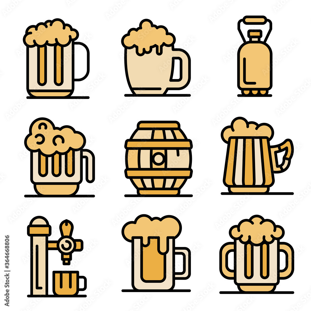 Poster kvass icons set. outline set of kvass vector icons thin line color flat on white