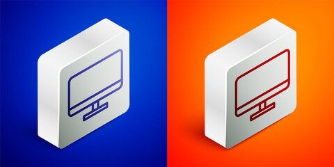 Isometric line Computer monitor screen icon isolated on blue and orange background. Electronic device. Front view. Silver square button. Vector Illustration.