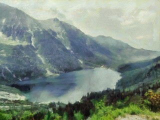 Digital painting nature landscape artwork. Mountains scenery art. Designe print.
