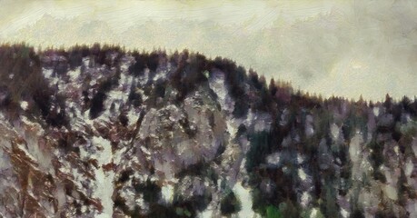 Digital painting nature landscape artwork. Mountains scenery art. Designe print.