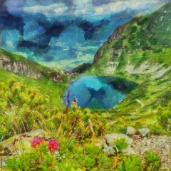 Naklejka na ściany i meble Digital painting nature landscape artwork. Mountains scenery art. Designe print.