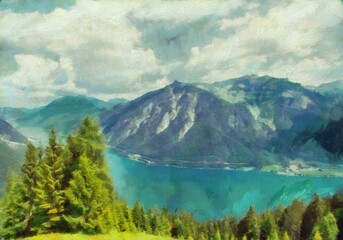 Naklejka na ściany i meble Digital painting nature landscape artwork. Mountains scenery art. Designe print.