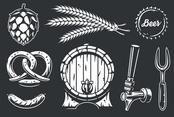 Bar barrel, spikelet, hop, sausage, fork, pretzel