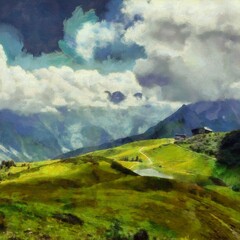 Digital painting nature landscape artwork. Mountains scenery art. Designe print. © ALIAKSANDR