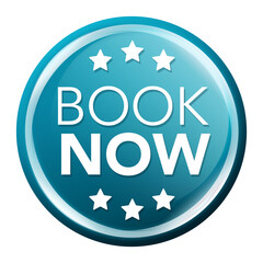 Book now Button. Round glossy Holiday Badge.