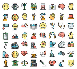 Depression icons set. Outline set of depression vector icons thin line color flat on white