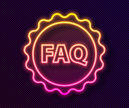 Glowing neon line Label with text FAQ information icon isolated on black background. Circle button with text FAQ. Vector Illustration.