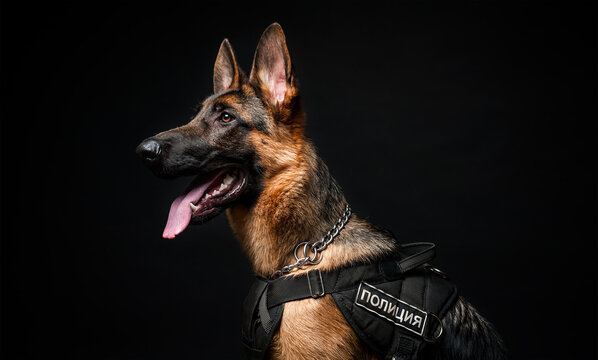 Portrait of a German shepherd police officer. in front of an isolated black background. Close-up of a German shepherd in profile view of an isolated black background.