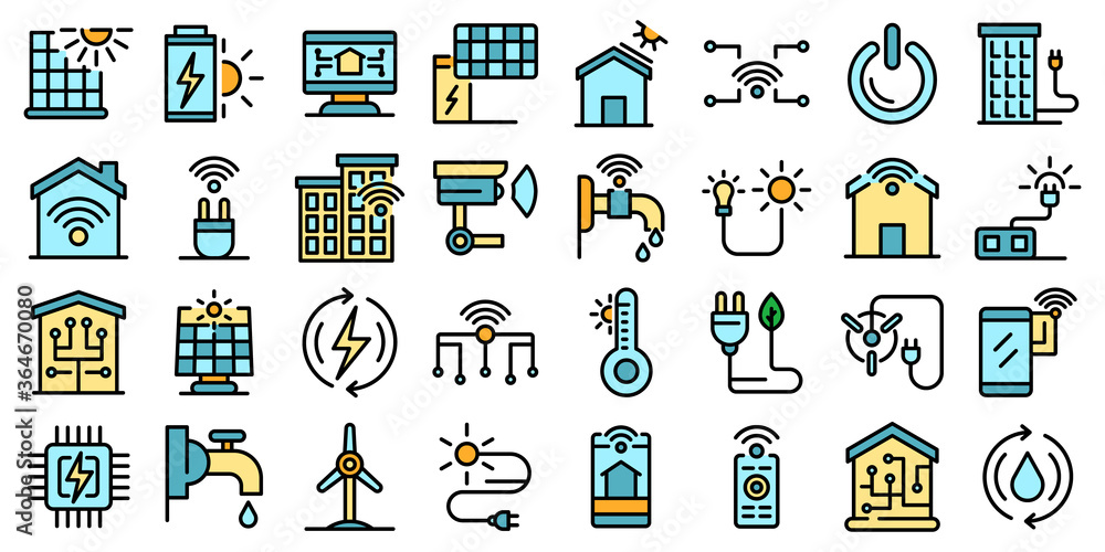 Poster autonomous house icons set. outline set of autonomous house vector icons thin line color flat on whi