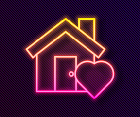 Glowing neon line House with heart shape icon isolated on black background. Love home symbol. Family, real estate and realty. Vector Illustration.