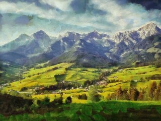 Digital painting nature landscape artwork. Mountains scenery art. Designe print.