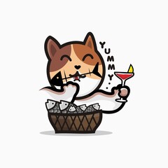 Cat vector and illustration eating a fish and food party