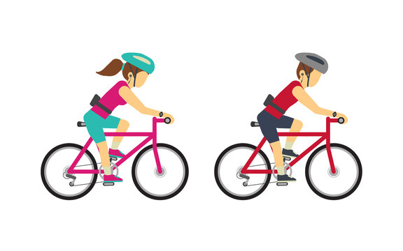 Man and Woman riding bike cycling for fitness and listening music with gadget wireless earphone ,smartwatch and Waist bag vector illustration flat style.Isolate on white background.