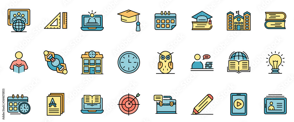 Poster tutor icons set. outline set of tutor vector icons thin line color flat on white
