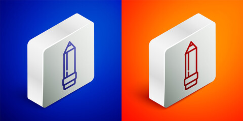 Isometric line Pencil with eraser icon isolated on blue and orange background. Drawing and educational tools. School office symbol. Silver square button. Vector Illustration.