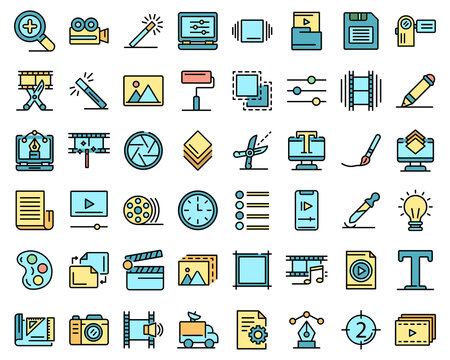 Editor icons set. Outline set of editor vector icons thin line color flat on white