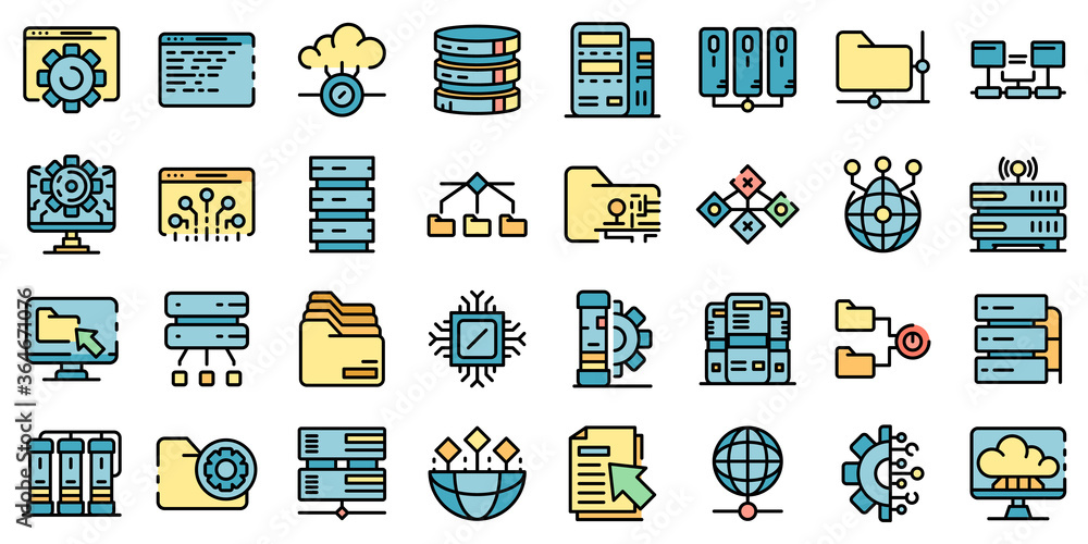 Poster data center icons set. outline set of data center vector icons thin line color flat on white