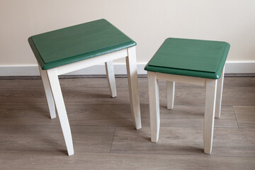 Two small side tables pained with green color top and white legs. Furniture, interior design photograph. Upcycled table painted with chalk paint. Nest of tables.