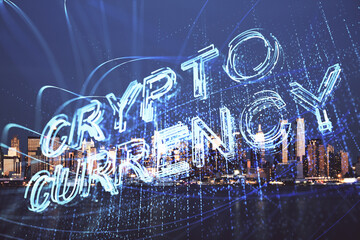 Multi exposure of cryptocurrency theme hologram drawing and city veiw background. Concept of blockchain and bitcoin.