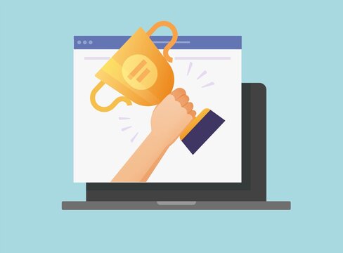 Award online web vector icon on computer or digital internet website winner prize achievement, victory golden cup trophy flat cartoon, concept of championship competition gift, contest challenge win