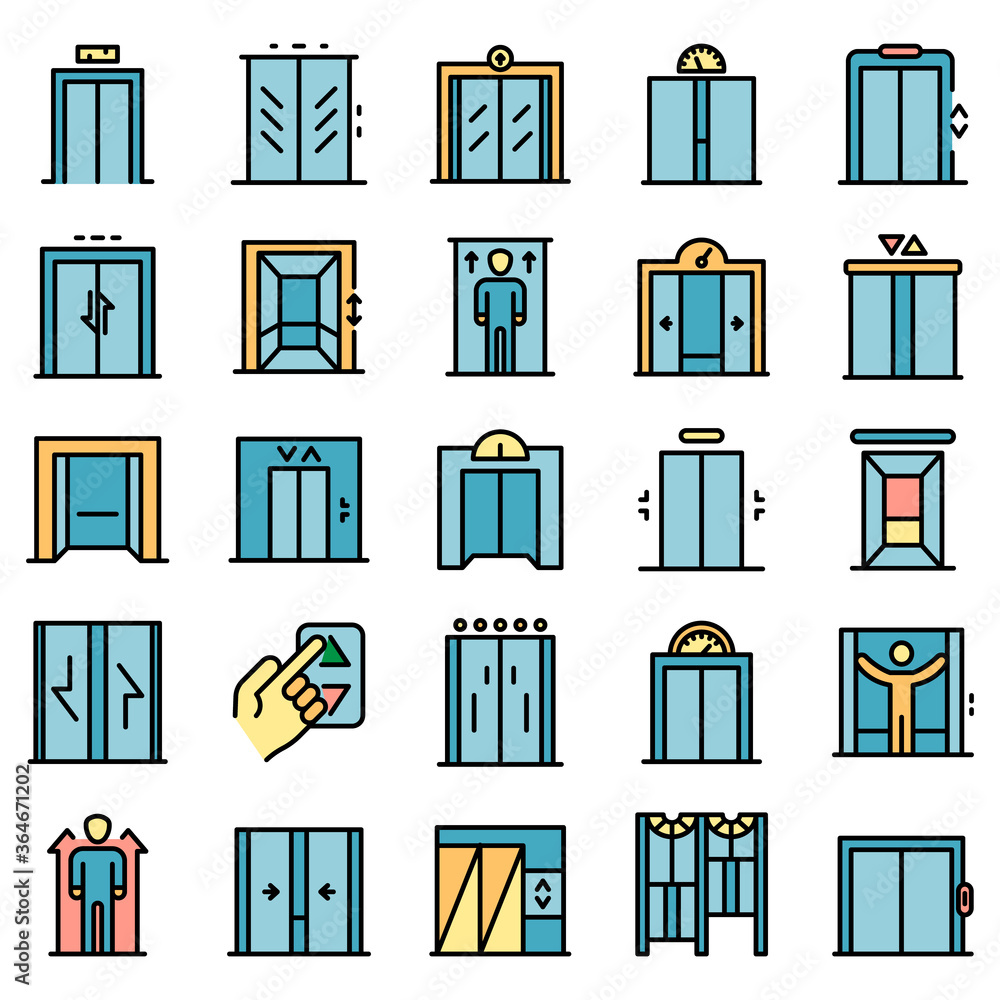 Poster elevator icons set. outline set of elevator vector icons thin line color flat on white
