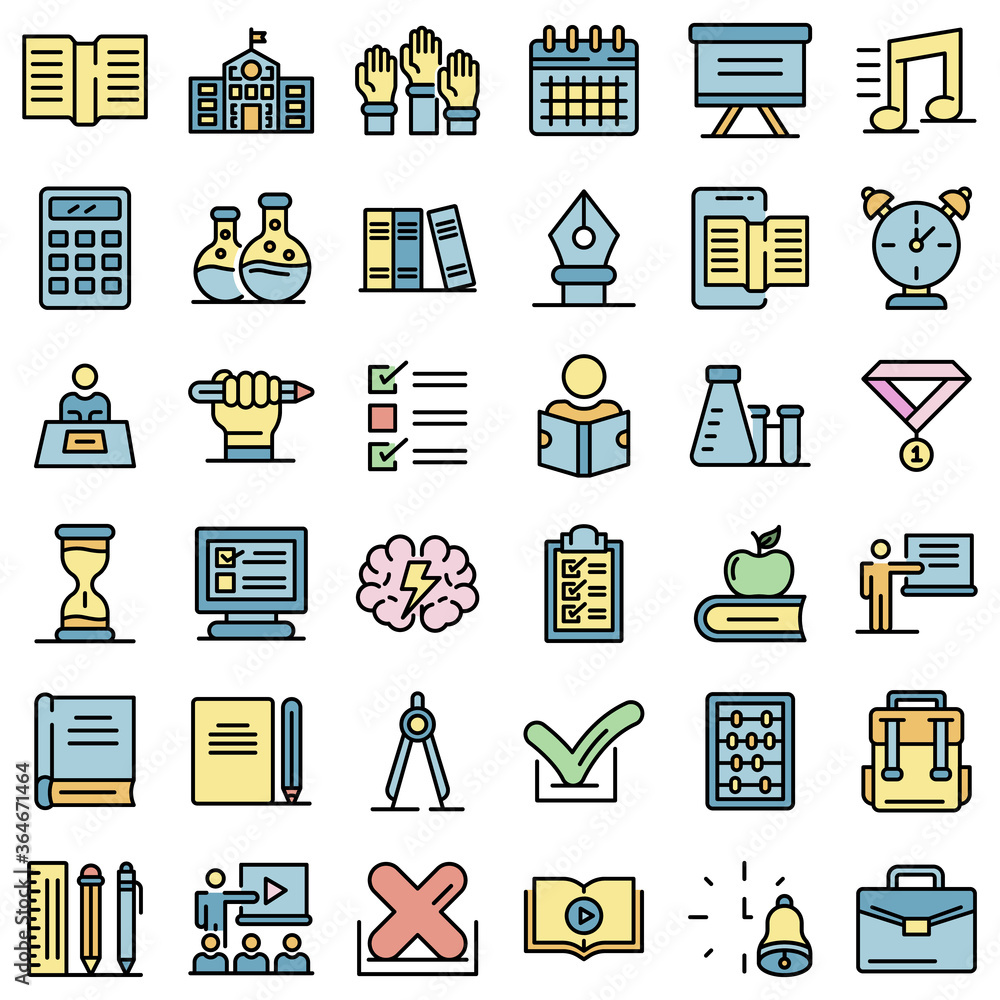 Poster lesson icons set. outline set of lesson vector icons thin line color flat on white