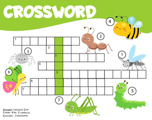 Insects crossword for kids and toddlers. Educational game for children.
