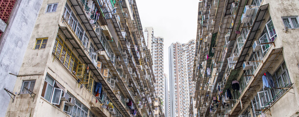 Run Down Living Quarters in Hong Kong. Crowded Residential Apartments