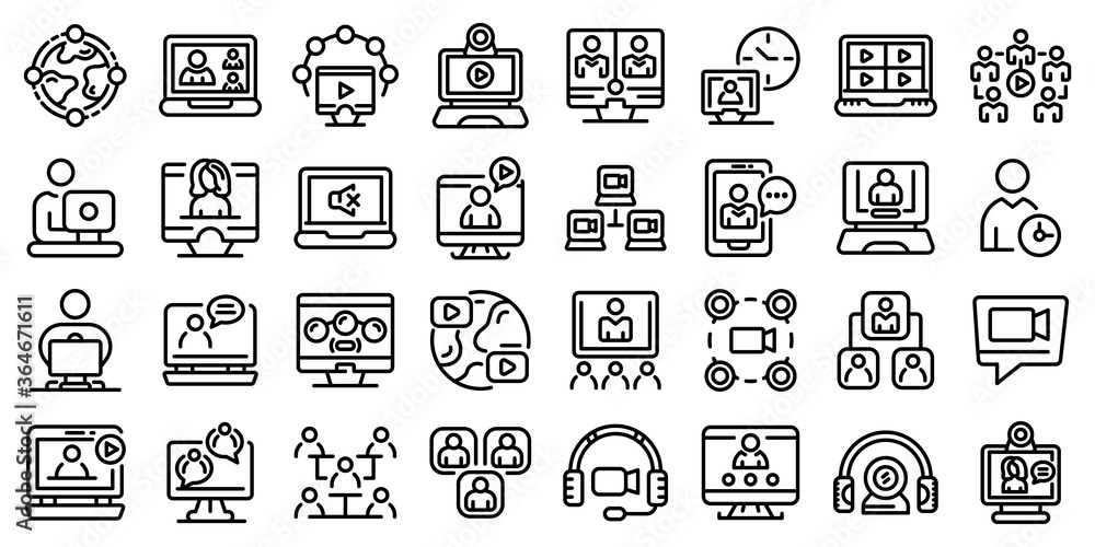 Poster online meeting icons set. outline set of online meeting vector icons for web design isolated on whit