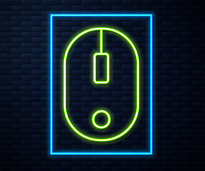 Glowing neon line Computer mouse icon isolated on brick wall background. Optical with wheel symbol. Vector Illustration.