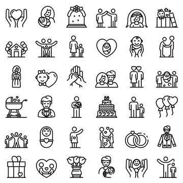 Family Moments Icons Set. Outline Set Of Family Moments Vector Icons For Web Design Isolated On White Background