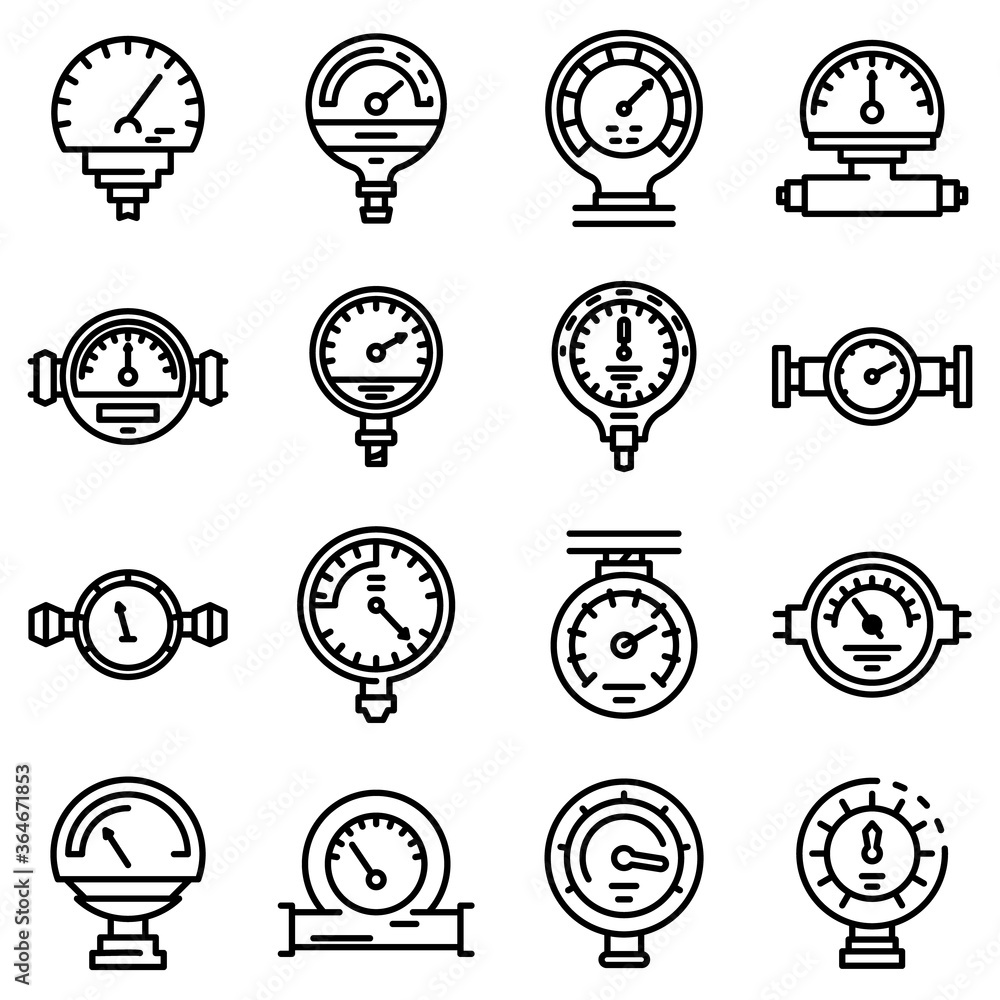 Poster manometer icons set. outline set of manometer vector icons for web design isolated on white backgrou