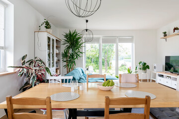 Interior design in living room with dining room. Modern sofa and wooden table with chairs in spacious apartment in bright room with plants. Scandinavian style.