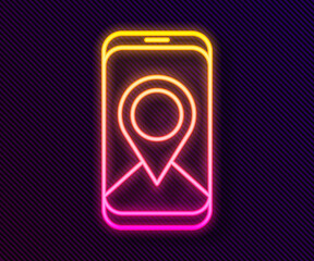 Glowing neon line Infographic of city map navigation icon isolated on black background. Mobile App Interface concept design. Geolacation concept. Vector Illustration.