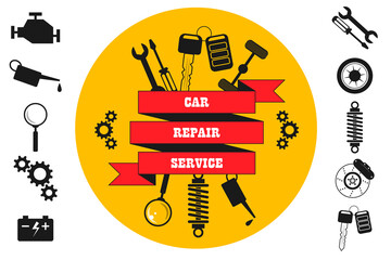 Car repair service, diagnostics - inscription on a ribbon, around icons of spares and tools