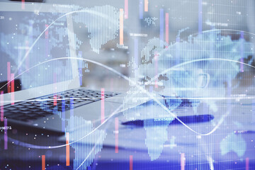 Double exposure of business theme icons and work space with computer background. Concept of success.