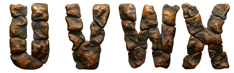 Set of rocky letters U, V, W, X. Font of stone on white background. 3d © lotus_studio