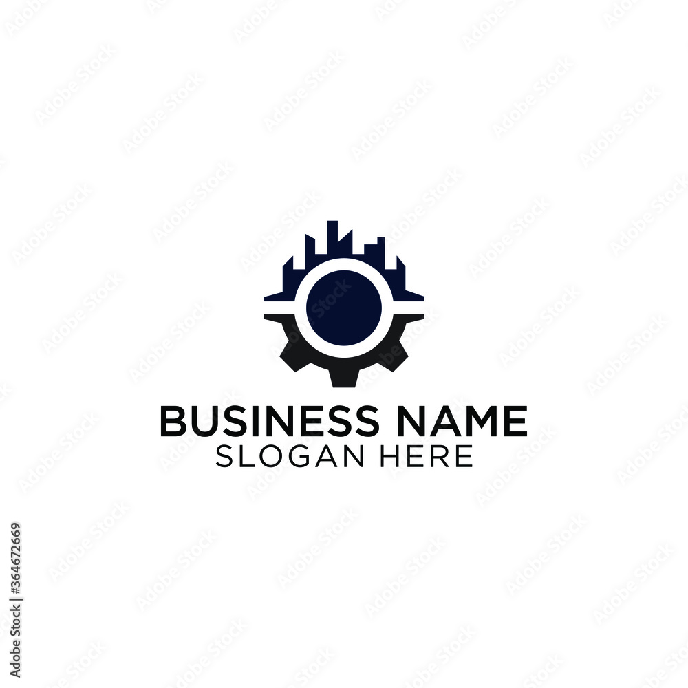 Poster building maintenance logo design template vector, modern abstract building inside gear shape