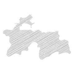 Tajikistan - pencil scribble sketch silhouette map of country area with dropped shadow. Simple flat vector illustration