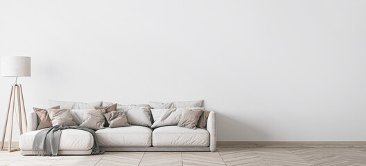 Modern living room design, white sofa and wooden floor lamp, panorama