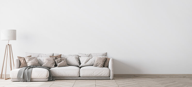 Modern living room design, white sofa and wooden floor lamp, panorama